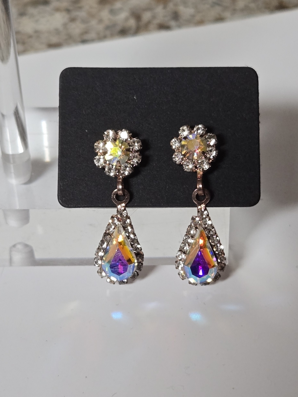 Vintage Iridescent AB Crystal Rainbow Color Teardrop Drop Earrings